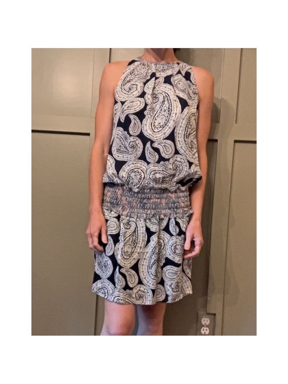 Ramy Brook Mia Dress 100% Silk High Neck Drop Waist Paisley Navy & White Size XS